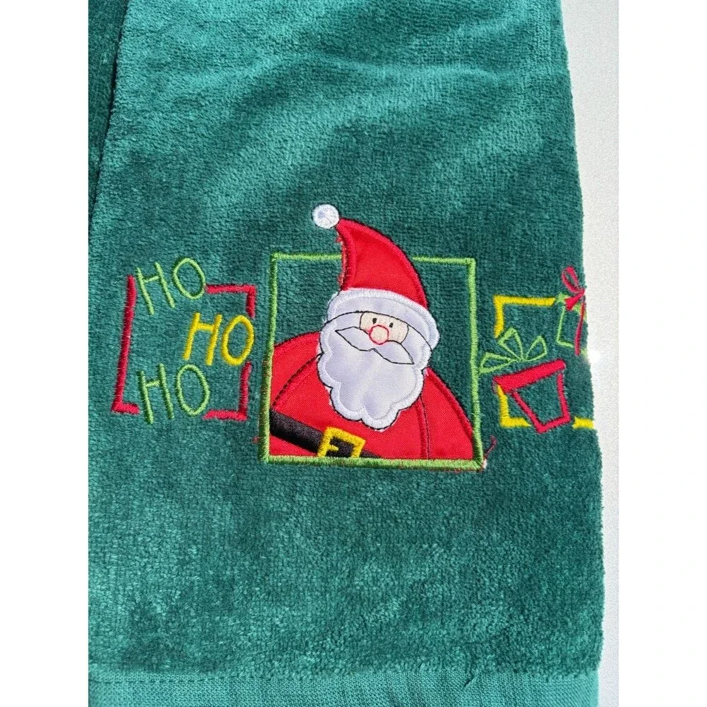 Vintage Christmas Embroidered Santa Towel Set Green Kitchen & Bath Towels